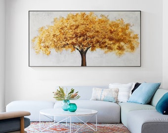 Golden Blooming Tree Abstract Painting on Canvas  Large Tree Tower Textured Gold Life Tree Wall Art Horizontal Painting Framed wall art