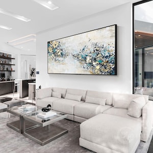Blue gold Abstract paintings acrylic canvas wall art large wall art Teal Gold and grey painting wall art Modern living room decor