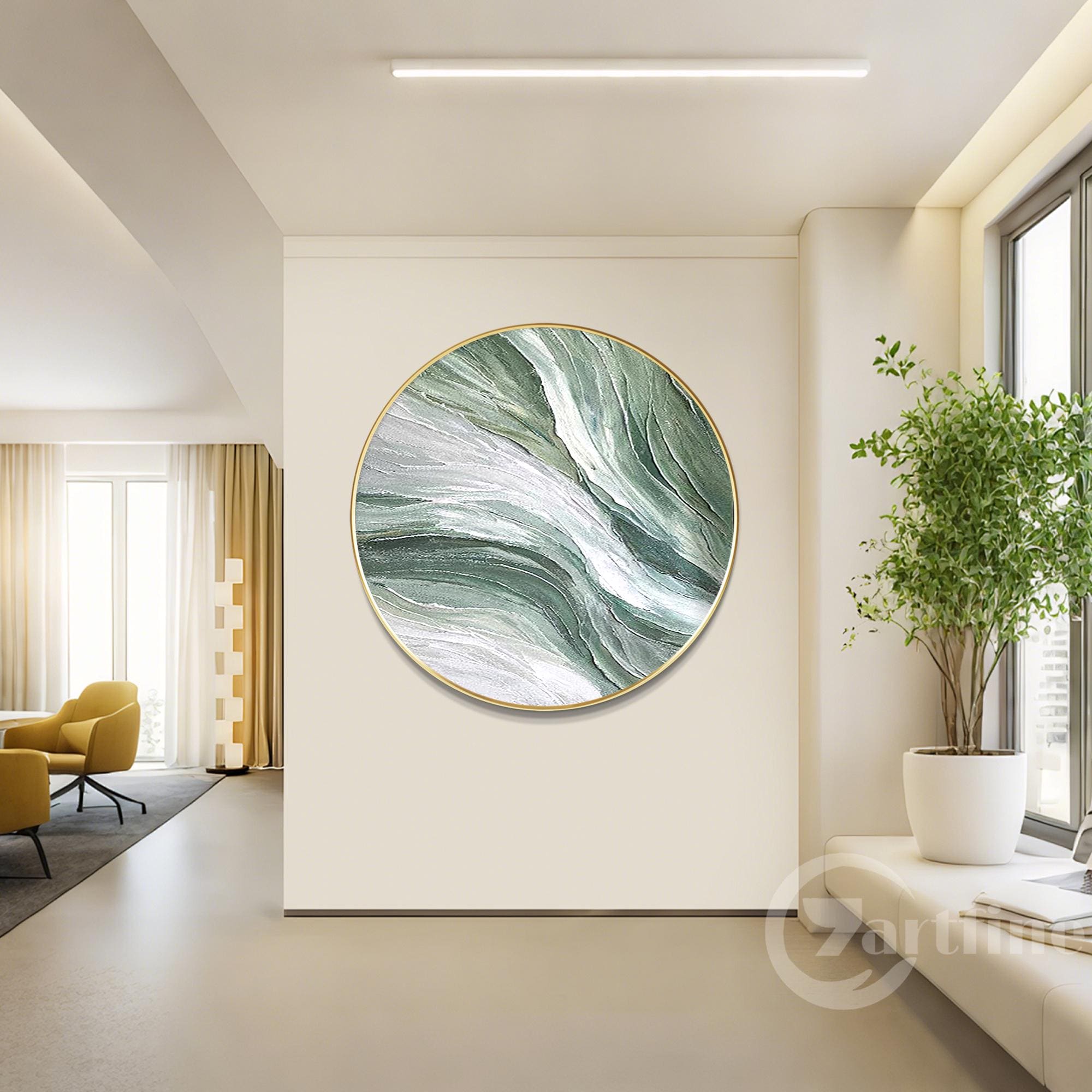 アート作品　油絵　緑の丸と白 新緑の白樺」油彩画 SM | Mini-Paint