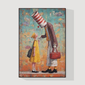 May include: An artistic painting depicts a tall figure with a striped hat and a small girl in a yellow dress. The figure wears a brown coat and holds a red bag. The girl looks up at the figure. The background has a textured, colorful appearance.