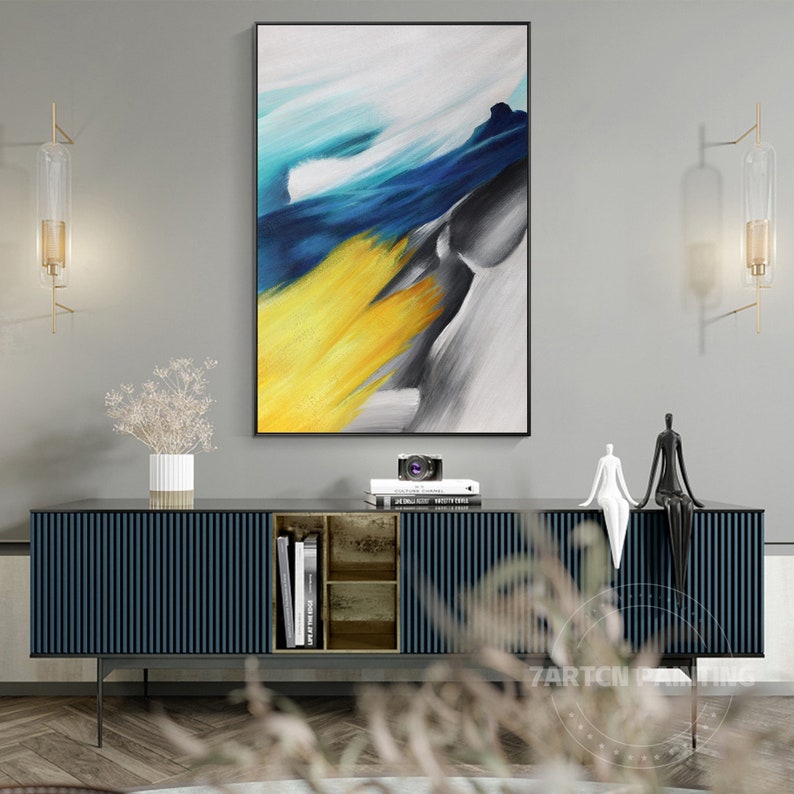 Original Abstract Wall Art Bright Yellow Navy Blue Grey Black and White ...