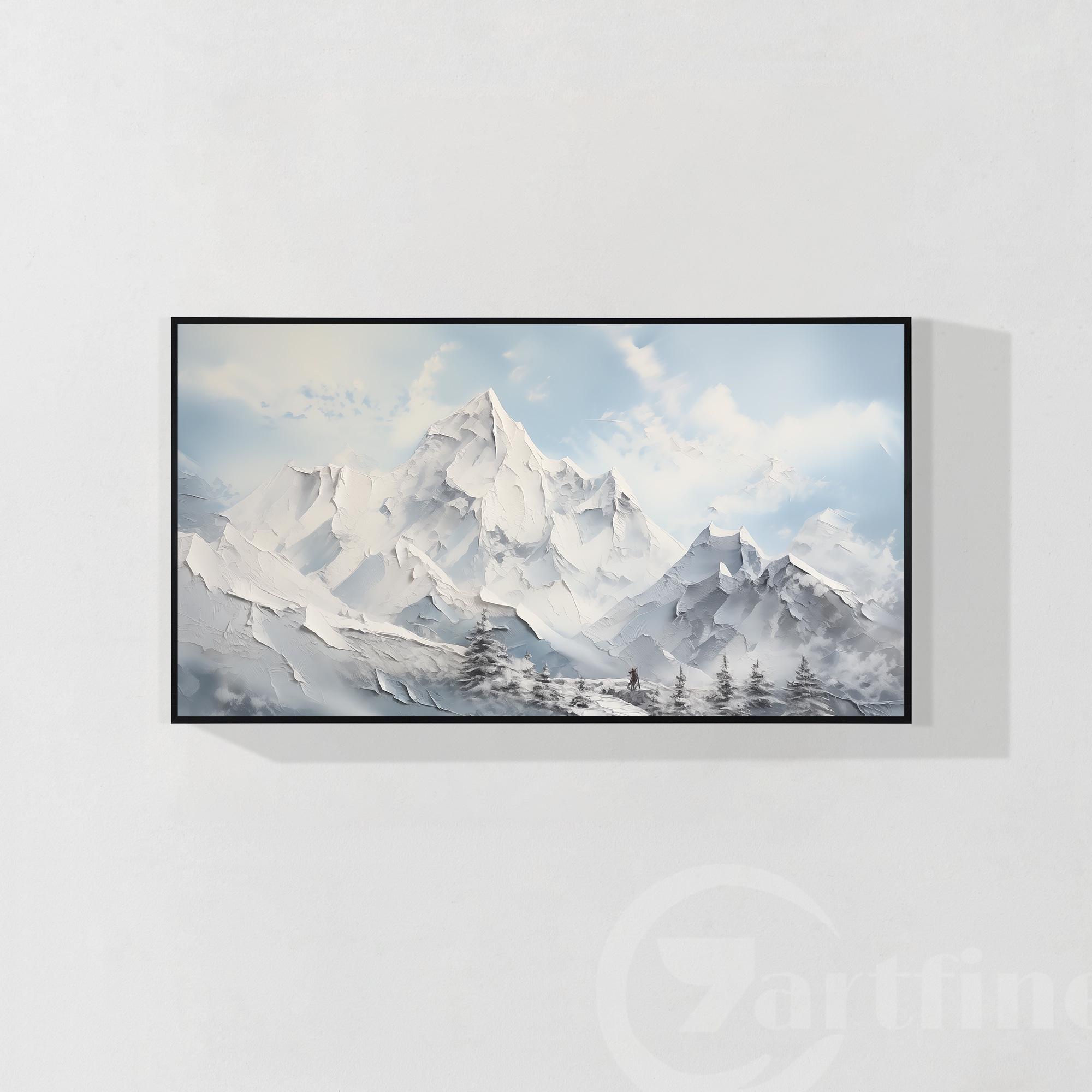 オリジナルの抽象的な雪山の絵画：テクスチャのある冬の風景画