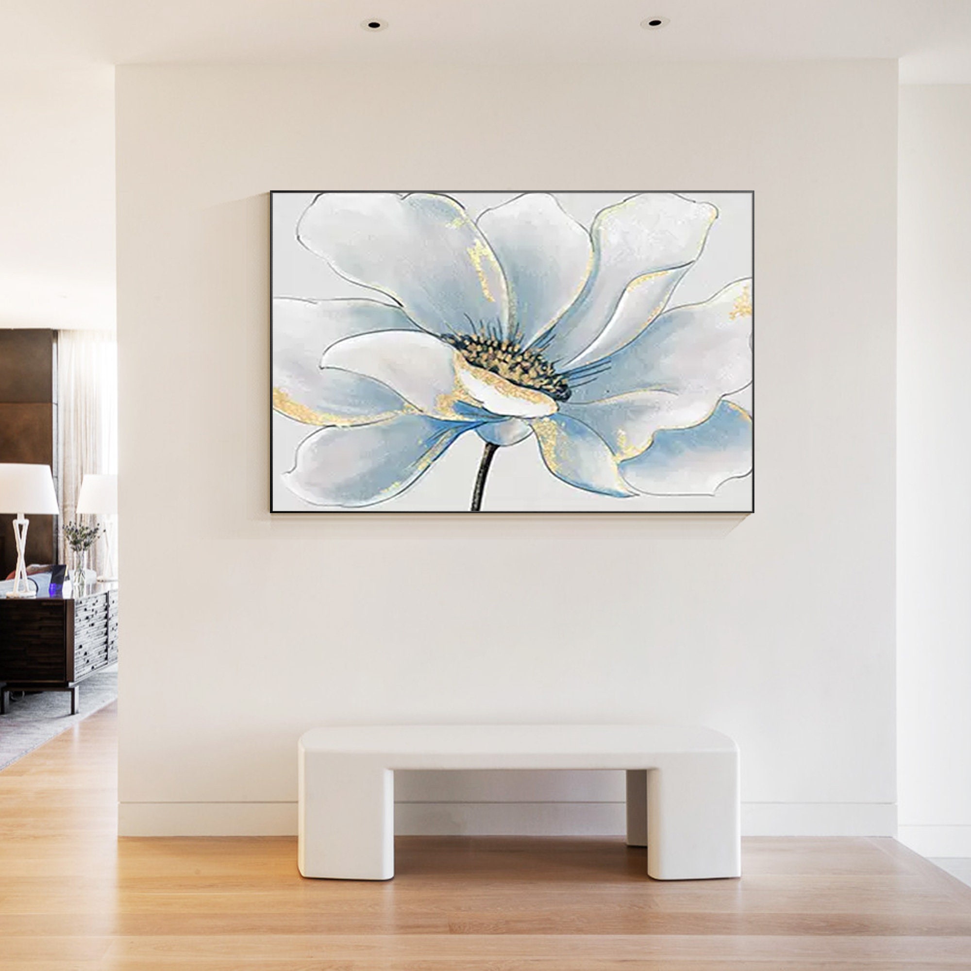 Abstract Blue White Flower Wall Art Grey Floral Paintings on Canvas ...