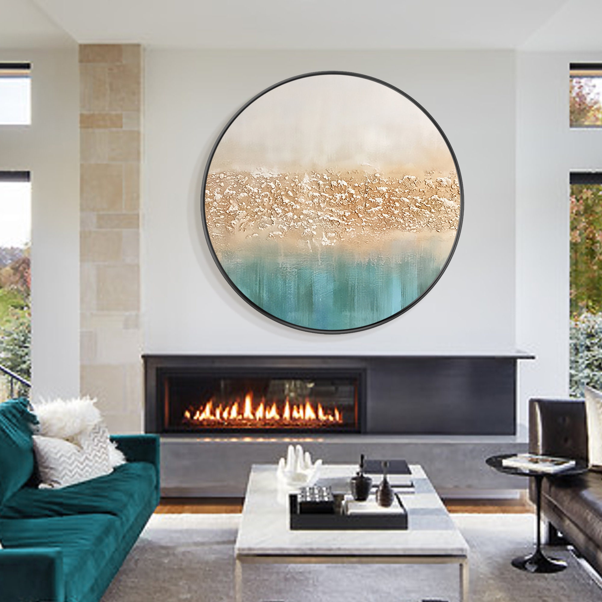 Abstract Teal Beige Wall Art Extra Large Textured Painting Round