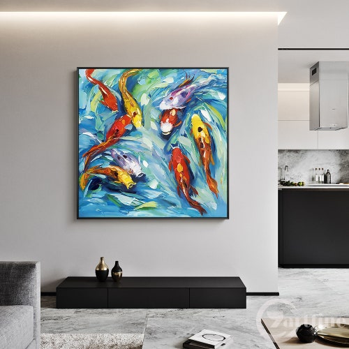 Koi fish painting Original canvas framed Abstract koi fish acrylic paintings shops Feng Shui painting oversize carps fish wall art fish home decor
