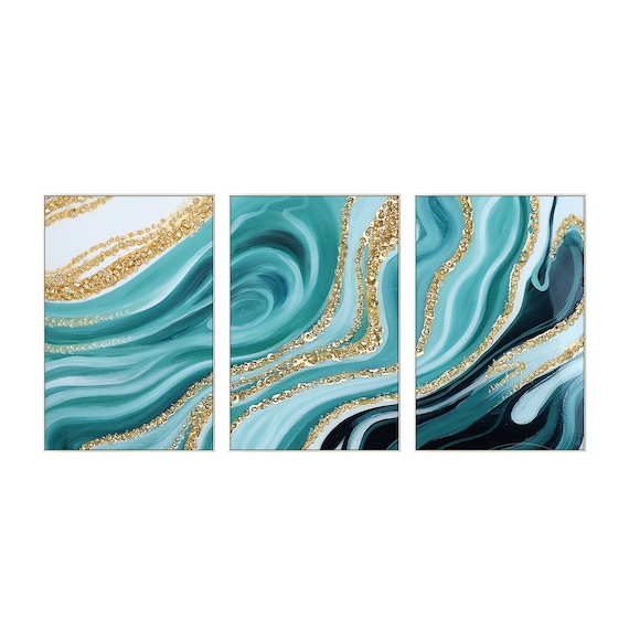 Set of 3 Abstract Resin Art Teal Blue Framed Wall Art Gold Ocean