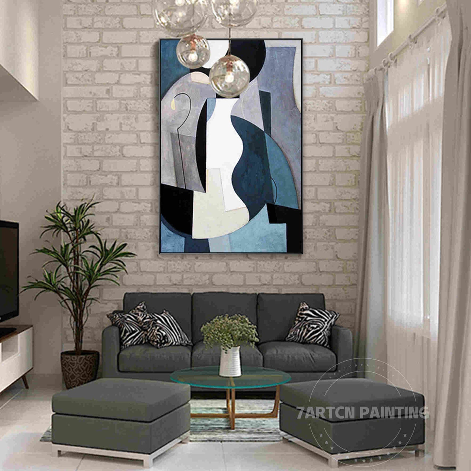 Framed Wall Art Abstract Navy Blue Black and White Hand Etsy