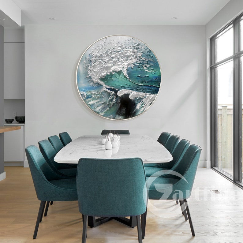 Teal Blue Abstract Round Ocean Wall Art Abstract White Great Etsy