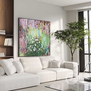 Abstract Blooming Flower Painting, Colorful Floral Original 3d Textured  Flower Purple Wall Art  Green  Large Framed Wall art  home decor