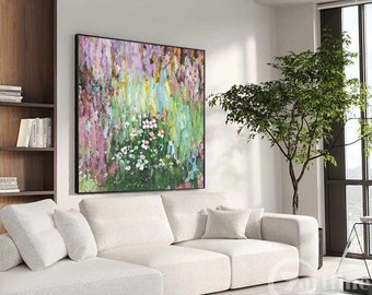 Abstract Blooming Flower Painting, Colorful Floral Original 3d Textured  Flower Purple Wall Art  Green  Large Framed Wall art  home decor