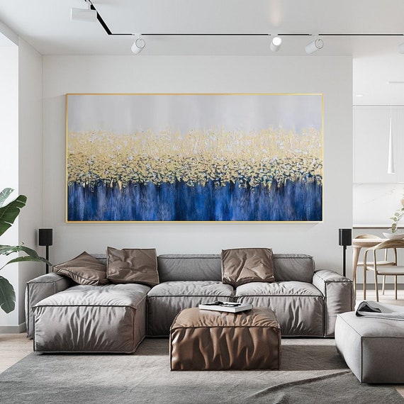 ネイビーブルーとゴールドの抽象的な壁アート絵画キャンバスロング