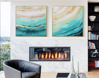 Original Ocean Beach Modern Abstract Collage 2 pieces sea wall art  framed Gold Teal painting  extra large size acrylic  Neutral Wall Art