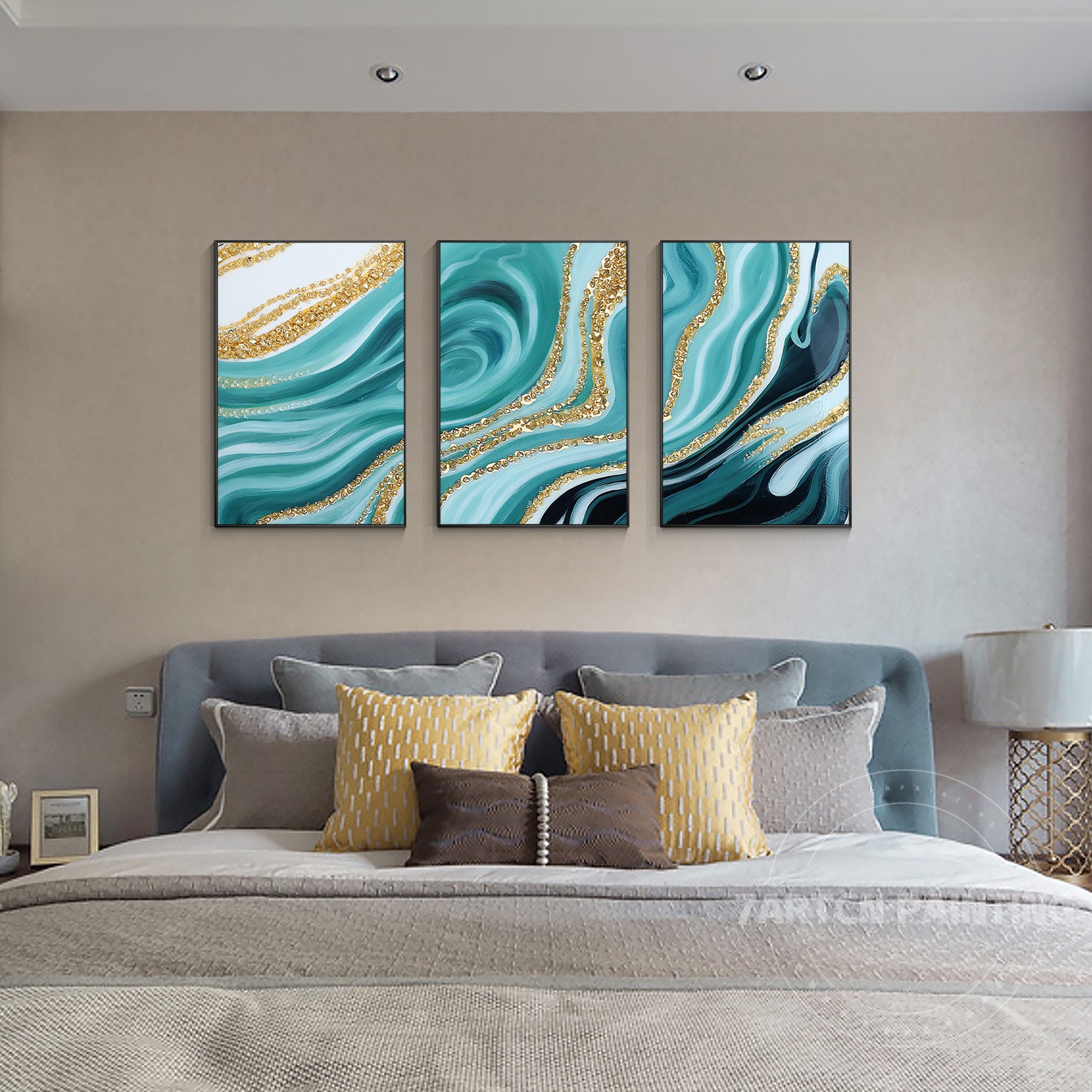 Set of 3 Resin Art Framed Wall Art Abstract Gold Blue Black Etsy