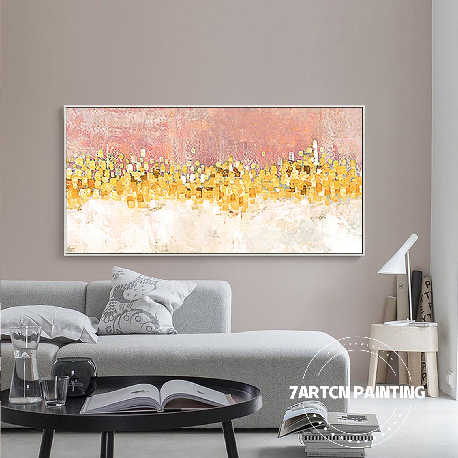 Frame Wall Art Gold Pink Landscape on Canvas Painting Abstract Etsy