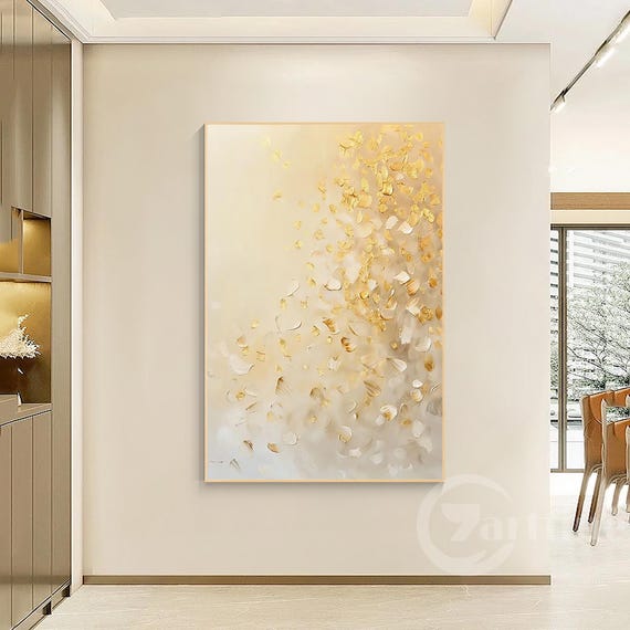 オリジナル抽象ゴールドキャンバスウォールアート、3Dベージュ