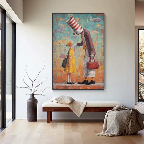 Family Love wall art Vintage Clown Character,Original Modern Abstract Portrait,  Emotional Decor, Father Daughter Unique living room decor