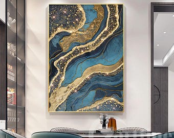 Resin Wall art Abstract Blue Gold Ocean Painting Epoxy Geode Painting 3D Gold Beach Artwork Crystal Glitter Art living room decor