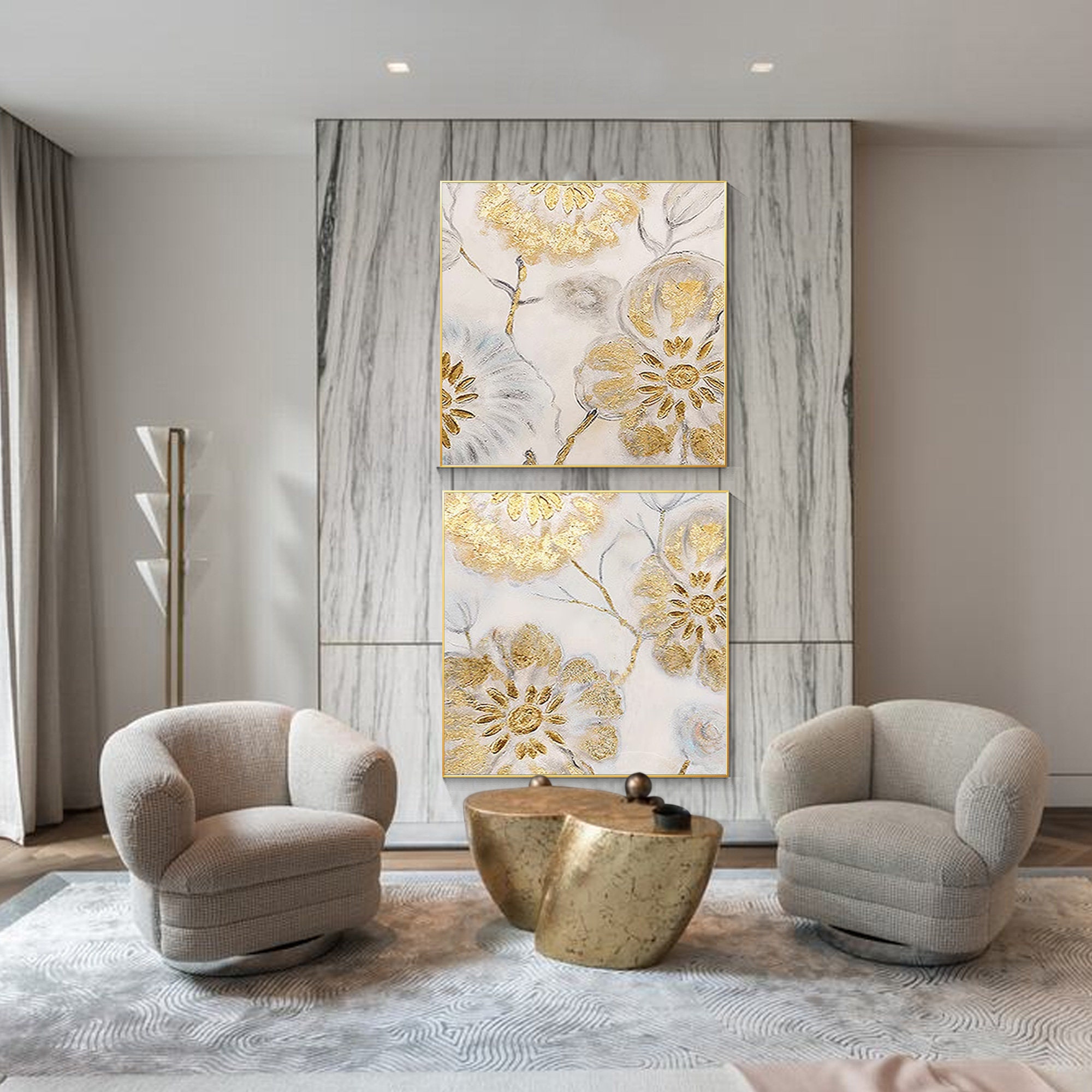 Set of 2 Abstract Gold Flower Wall Art 3D Textured Painting Framed Wall ...