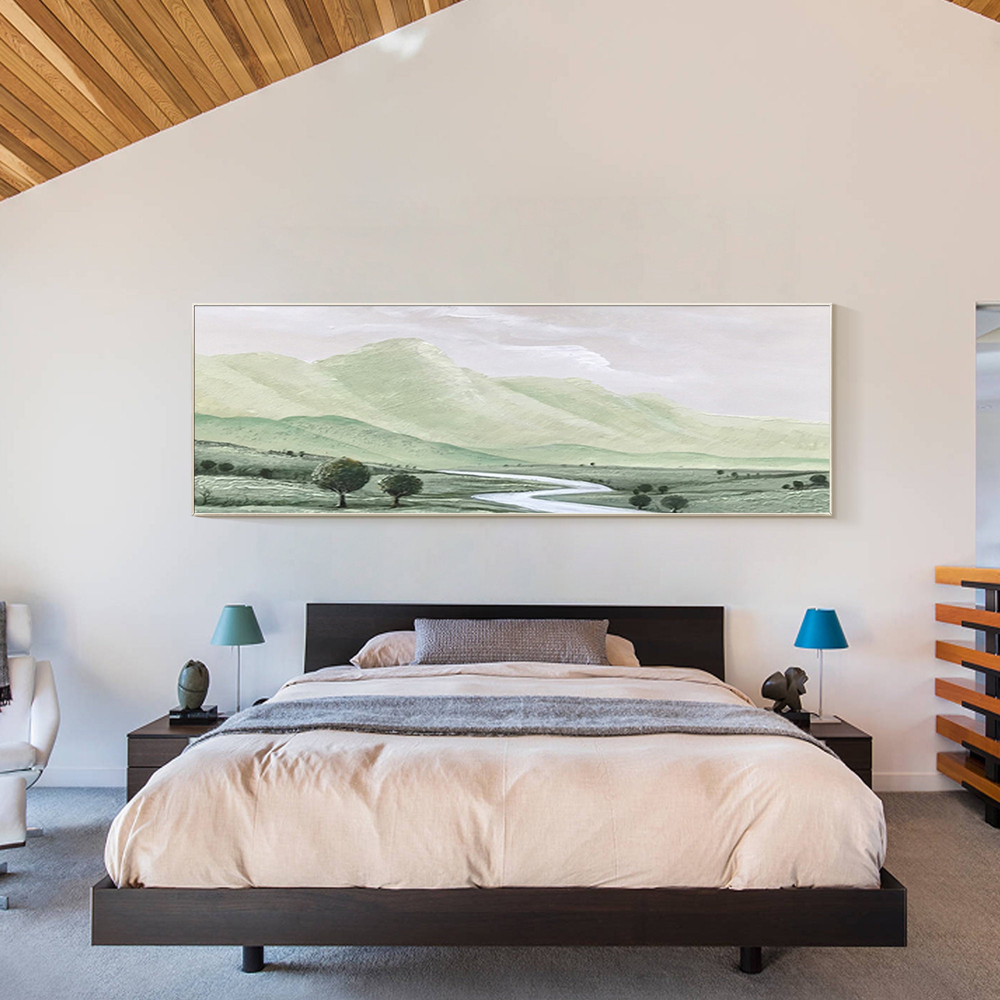 Sage Green Wall Art Abstract Mountain Landscape Painting Original Long ...