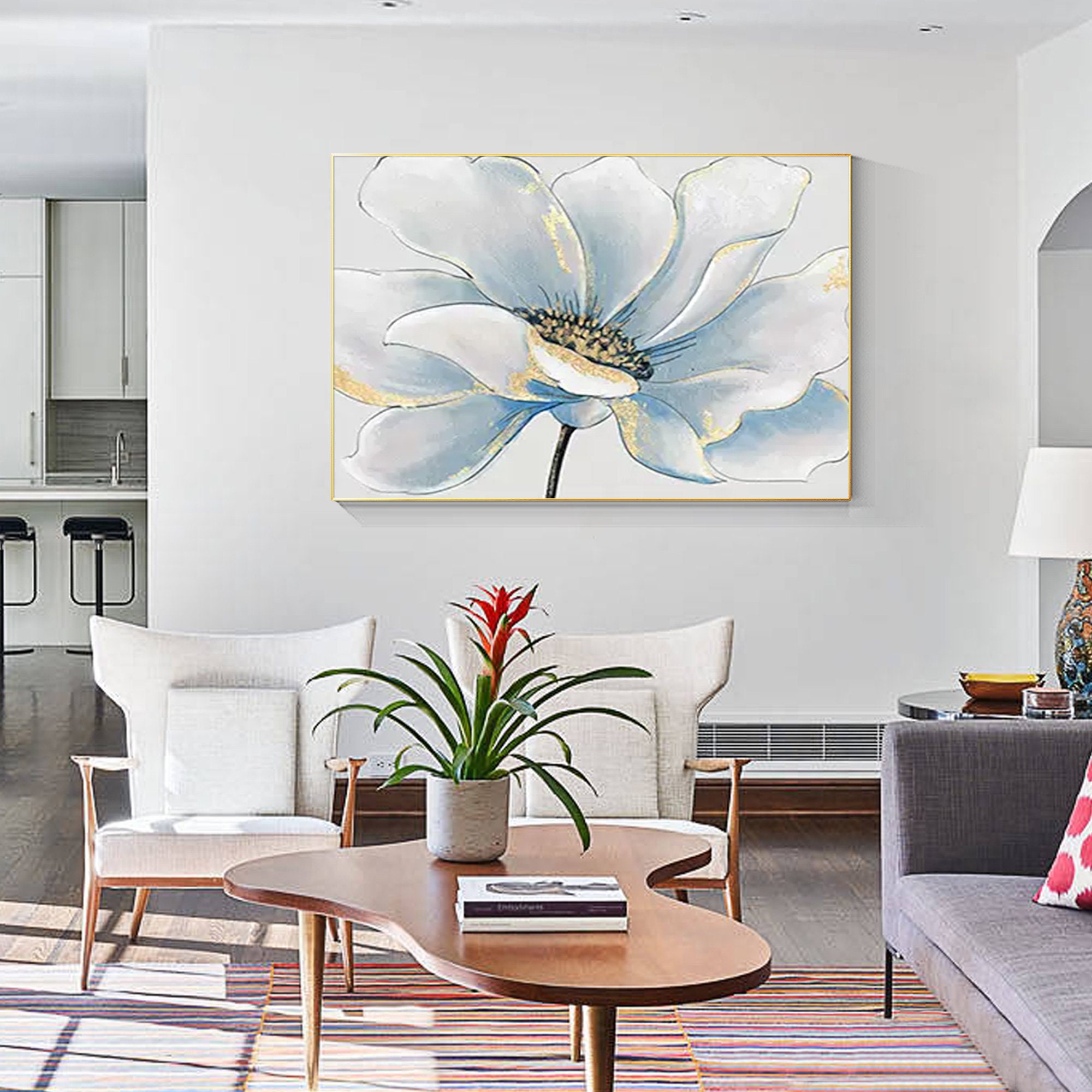 Abstract Blue White Flower Wall Art Grey Floral Paintings on Canvas ...
