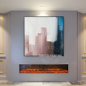 Abstract Cityscape Acrylic Canvas Painting - Pink and Blue Framed Wall Art for Living Room Decor - Modern Handmade Artwork, Ready to Hang