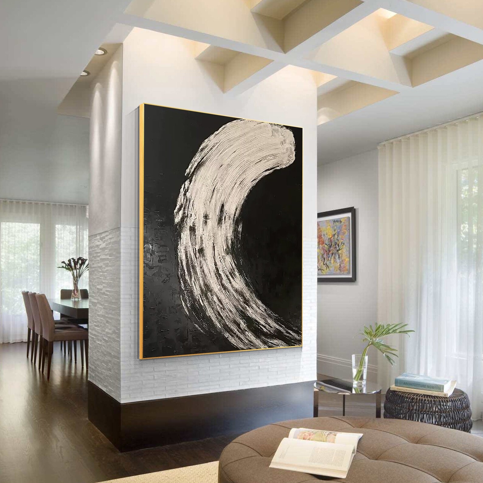 Abstract Black and White Wall Art Minimalist Painting Large Long Framed ...