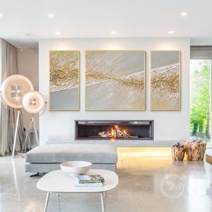 Abstract Gold Beach wall art 3D Textured art Set of 3 Gray and gold Horizontal paintings wall art framed  Extra Large wall art home decor