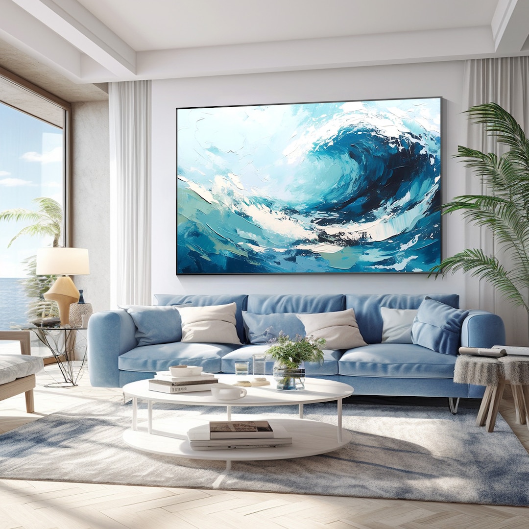 Navy Blue Canvas Wall Art Abstract Blue Ocean Wave Painting,horizontal ...