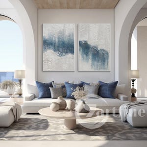 Blue wall art Abstract Ocean  Painting Set Of 2  Textured Painting  On Canvas Large Wall Art Minimalist Modern art home decor