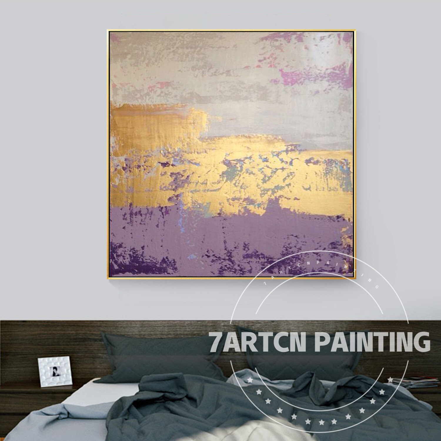 紫と金の抽象画 壁アート 額入り特大オリジナルキャンバス絵画 金の