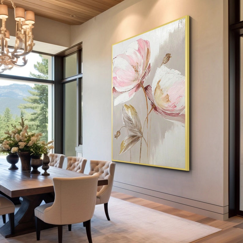 Pink Flower Painting Bloom Canvas Wall Art Textured Gold Floral Wall ...