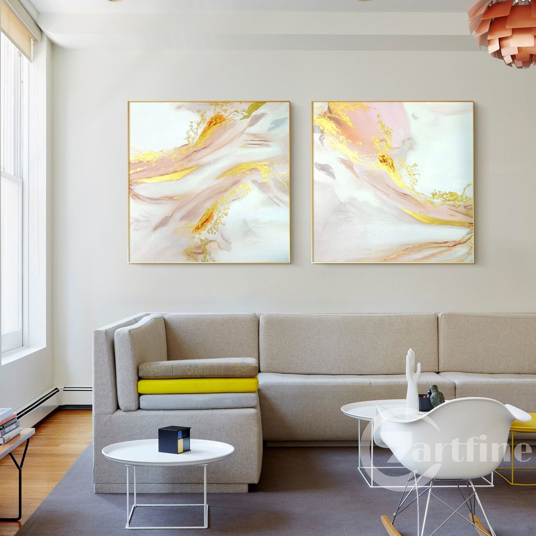 Set of 2 Dopamine Abstract Gold and Pink Painting Wall Art Original ...