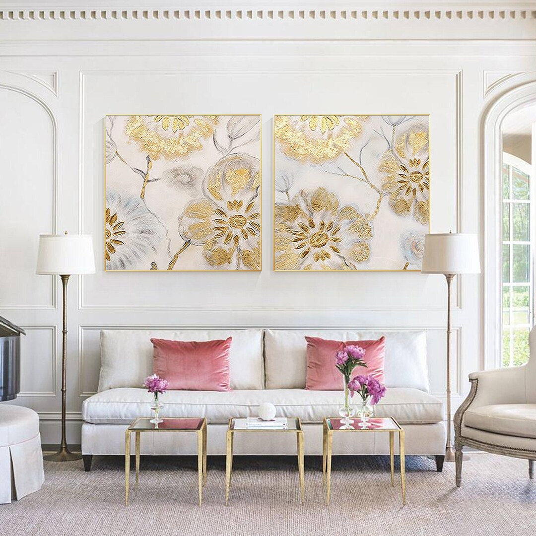 Set of 2 Abstract Gold Flower Wall Art 3D Textured Painting Framed Wall ...