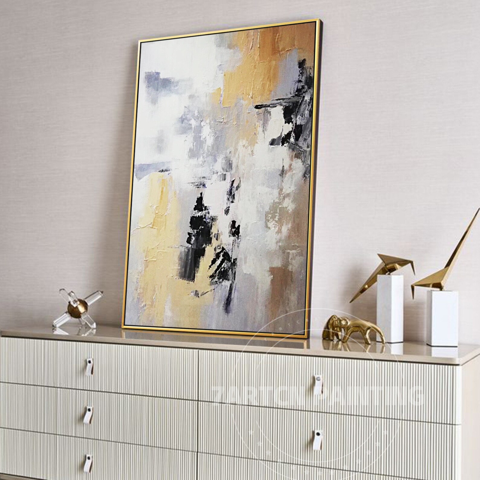 Abstract Grey Yellow Art Framed Canvas Painting Acrylic Etsy