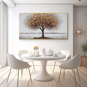 Brown Blooming Tree Abstract Painting on Canvas  Large Tree Tower Textured Brown Life Tree Wall Art Horizontal Painting Framed wall art