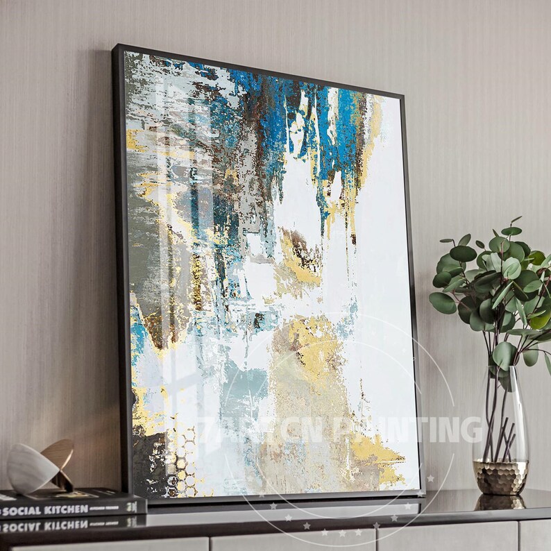 Modern abstract acrylic canvas painting Frame wall art Teal Etsy