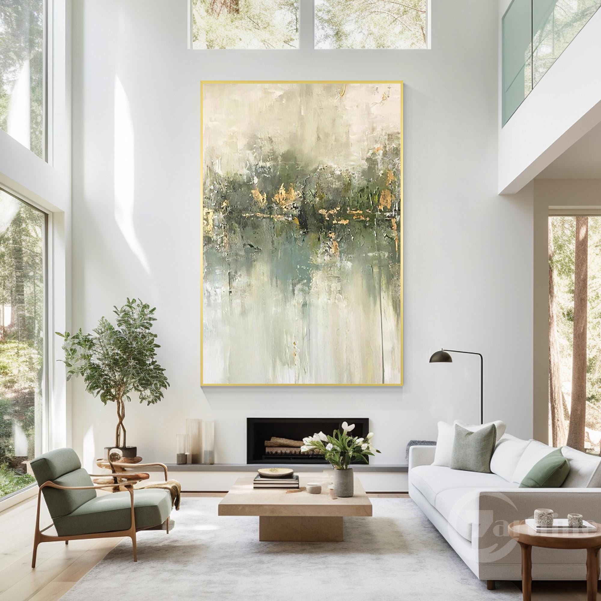 Sage Green Beige Gold Abstract Wall Art Neutral Smoky Canvas