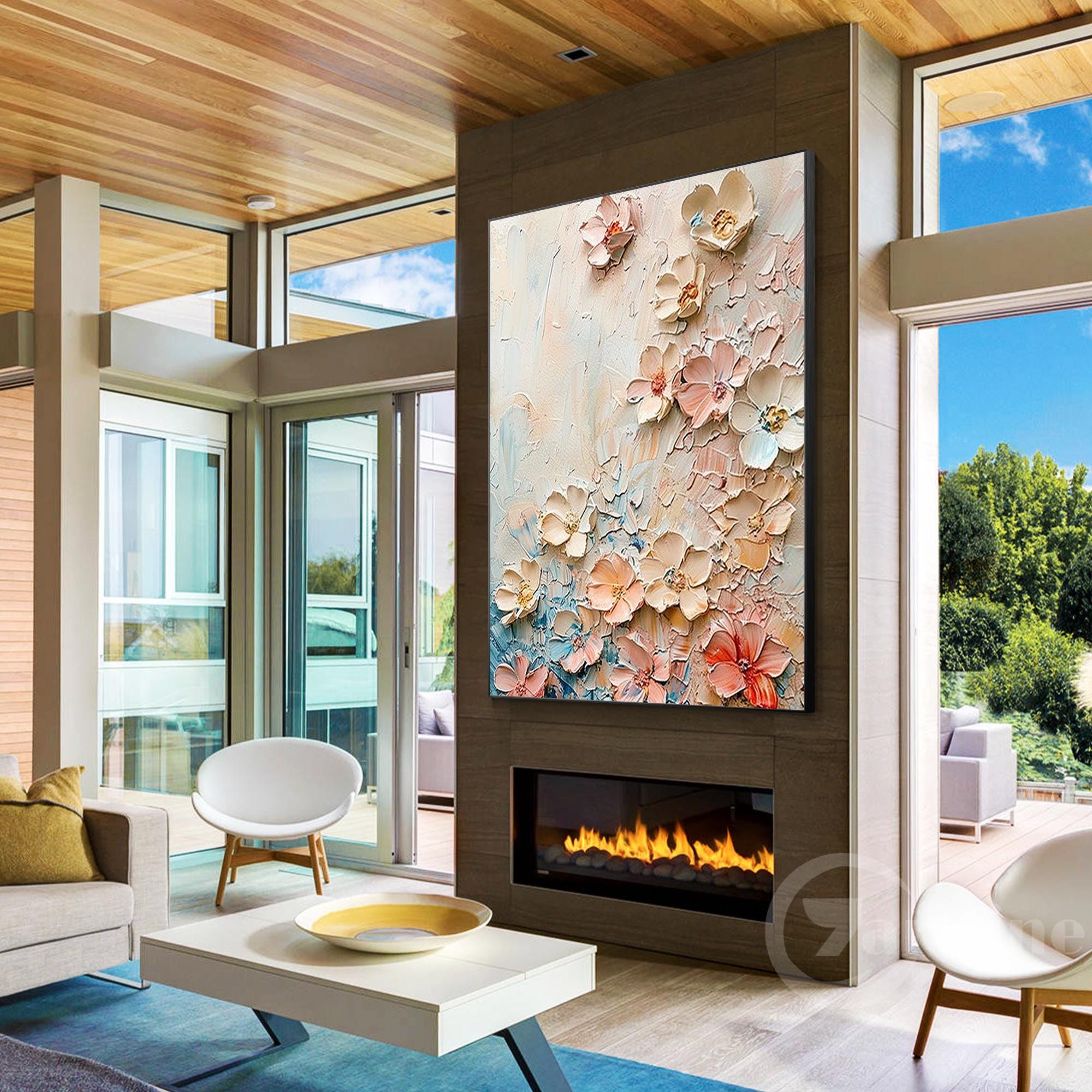 咲き誇るピンクの花の抽象画 テクスチャ加工 特大 3D 花柄 キャンバス