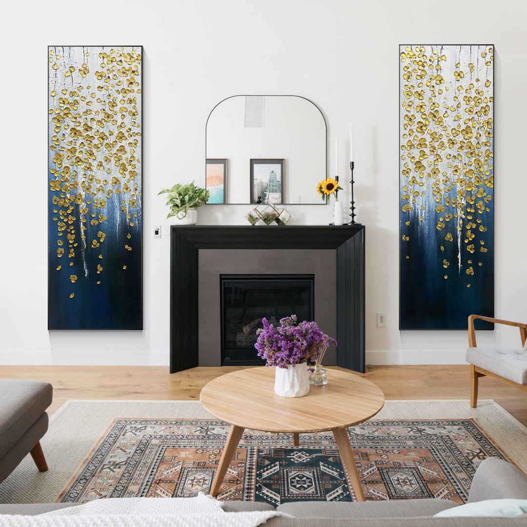 Abstract Navy Blue Gold Flower Wall Art Set of 2 Floral on Canvas ...