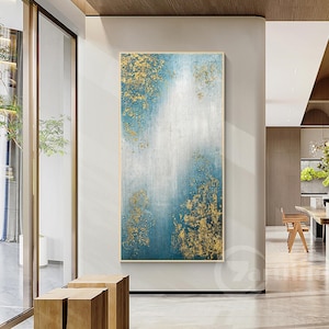 Blue Gold wall art Abstract teal Blue Textured Wall Art Original Painting Framed wall art Extra Large wall at   Entryways living room decor