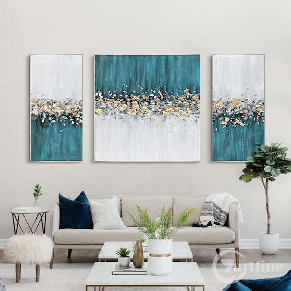Teal Blue and Gold Set of 3 Abstract wall art Painting Textured wall art Flower Canvas Painting Extra Large  painting living room decor