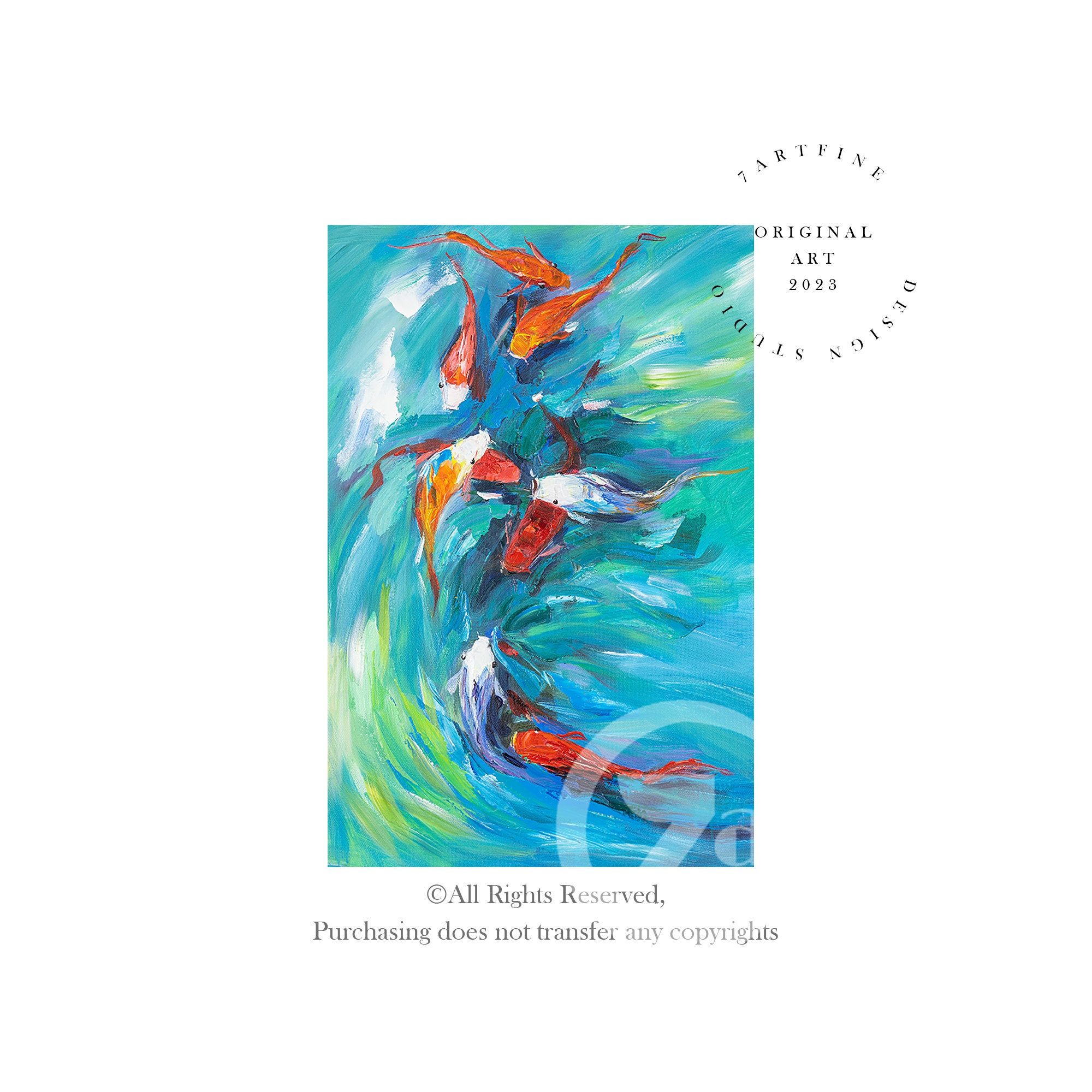 オリジナルのカラフルな鯉の絵、青い壁アート、風水魚の抽象的な壁