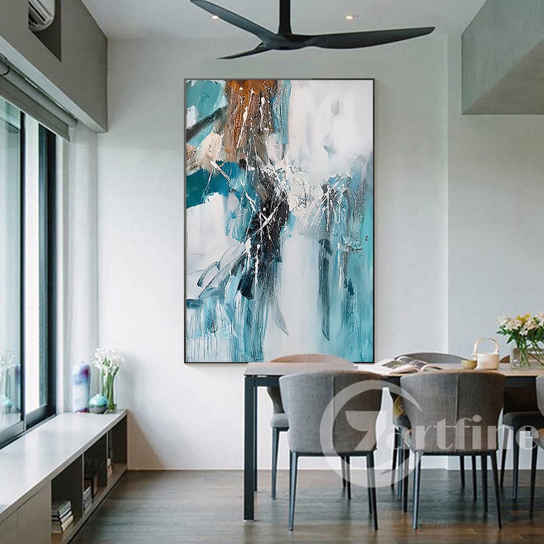 Blue Abstract Wall Art on Canvas Teal Blue Large Wall Art on Canvas