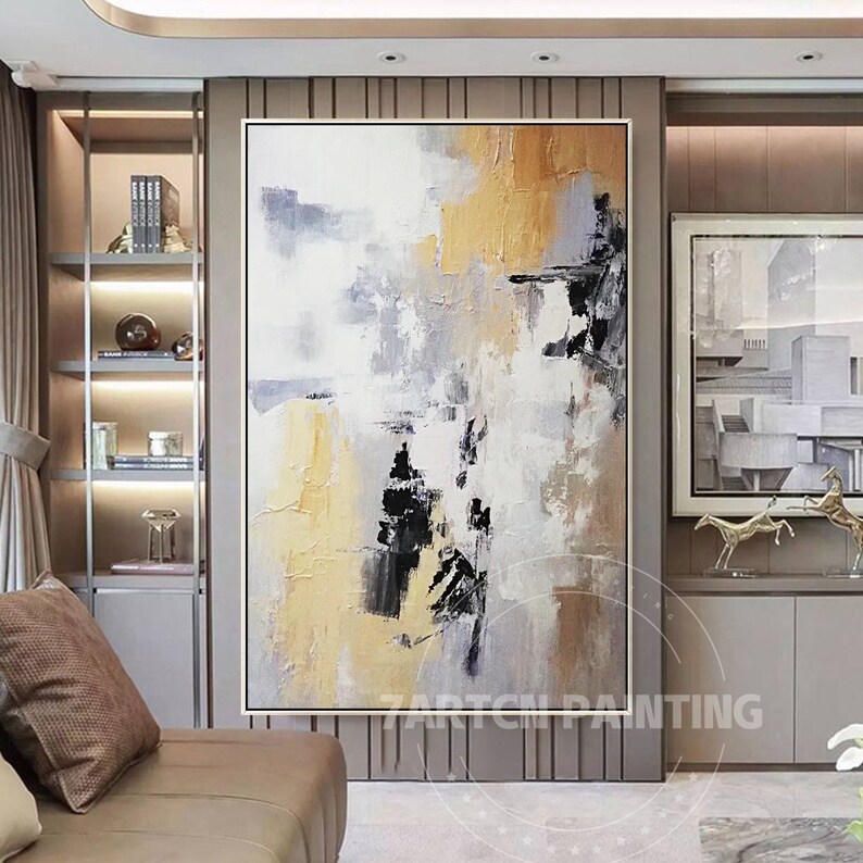 Abstract Grey Yellow Art Framed Canvas Painting Acrylic Etsy