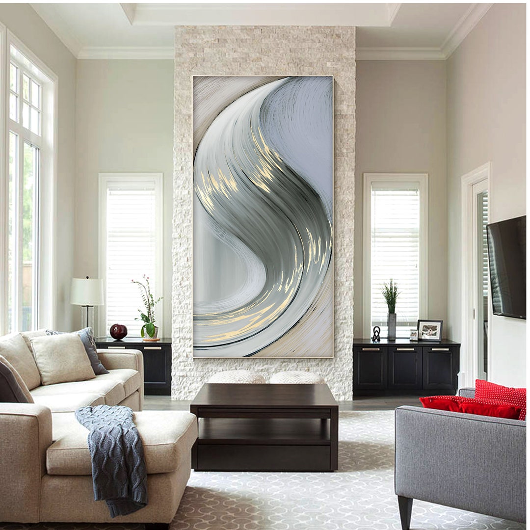 Abstract Gold and Grey Wall Art Abstract Waves Art Acrylic Paintings on Canvas Framed Large