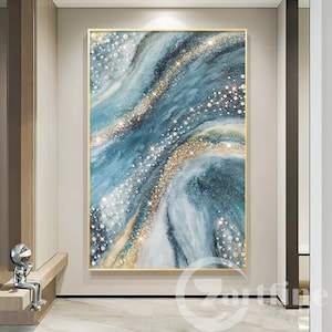 Resin Wall art Abstract Blue Gold  Painting Epoxy Geode Crystal Painting 3D Pearl Artwork painting Glitter Art living room decor
