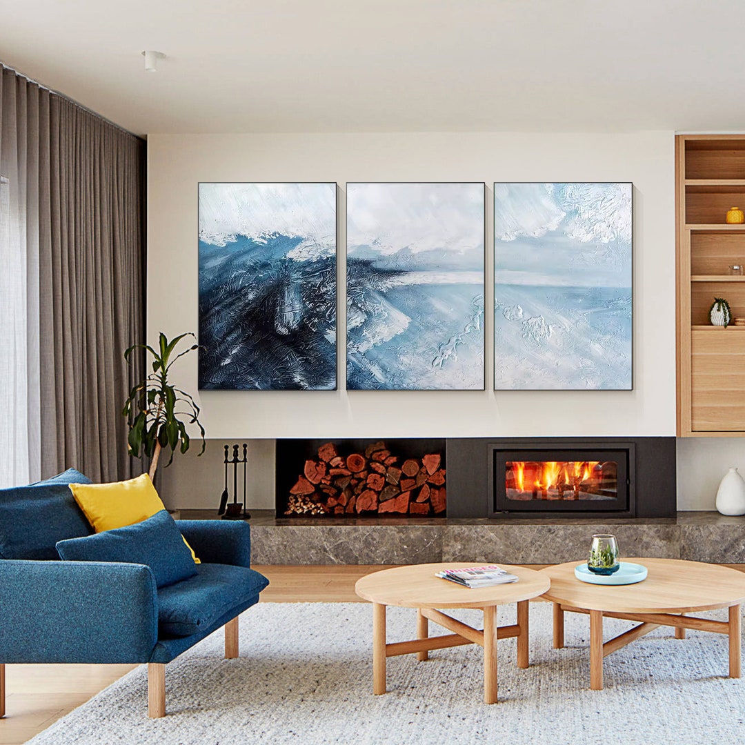 Set of 3 Blue Abstract Wall Art Textured Painting on Canvas Large ...