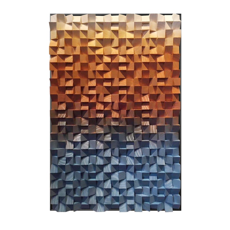 Wood Wall art navy blue and orange,Sea Waves,Wood mosaic sculpture,Abstract painting on wood,wall art decor,framed wall art Wood sculpture image 5