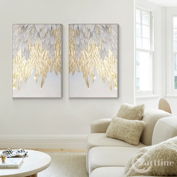 Set of 2 Gold Abstract feather painting acrylic on canvas gold leaf wall art 2 pieces canvas silver grey Angel wings wall art