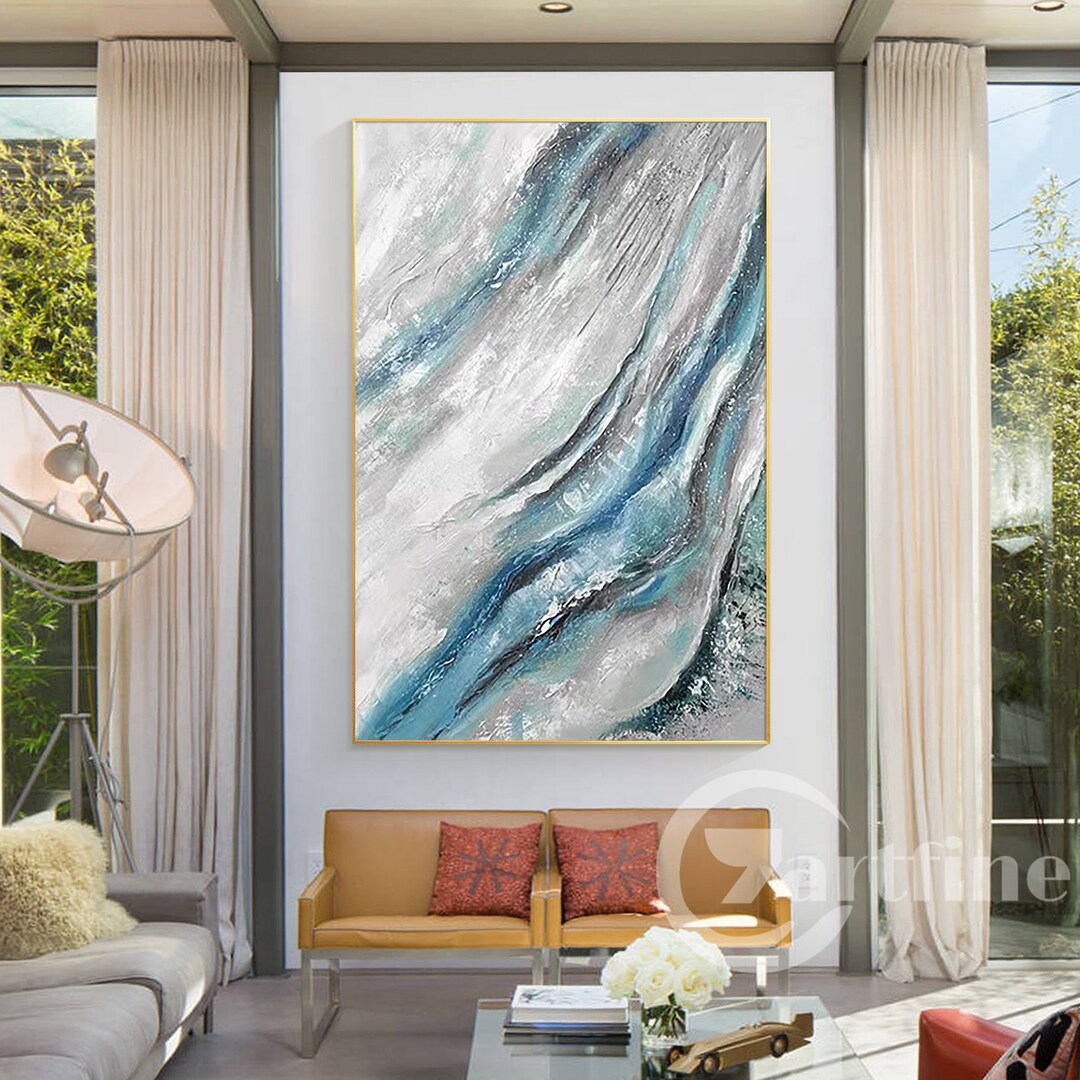 Turquoise Blue Abstract Wall Art on Canvas Large Framed Wall - Etsy